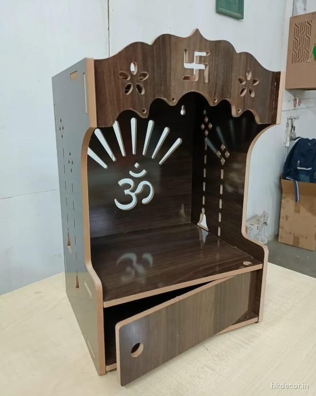 Laser cut home mandir with a cut arch, Om sunburst and hanging bells in a two tone finish